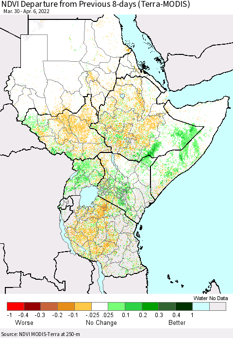 Eastern Africa NDVI Departure from Previous 8-days (Terra-MODIS) Thematic Map For 3/30/2022 - 4/6/2022
