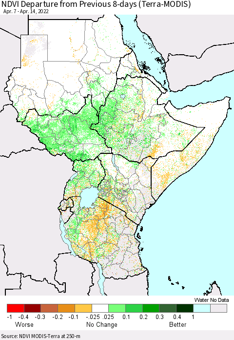 Eastern Africa NDVI Departure from Previous 8-days (Terra-MODIS) Thematic Map For 4/7/2022 - 4/14/2022