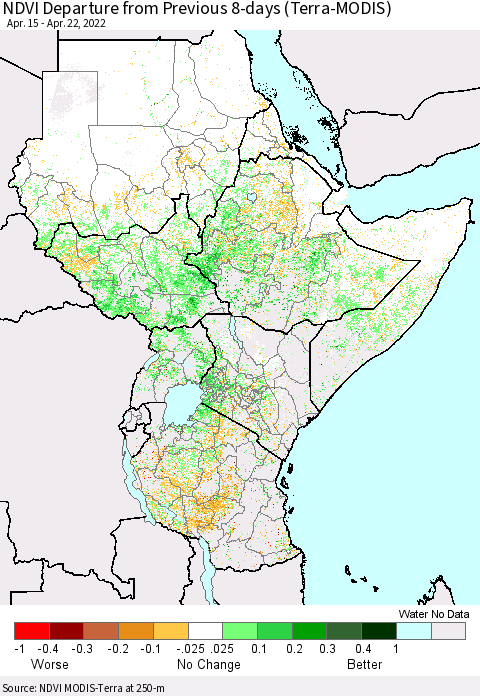 Eastern Africa NDVI Departure from Previous 8-days (Terra-MODIS) Thematic Map For 4/15/2022 - 4/22/2022