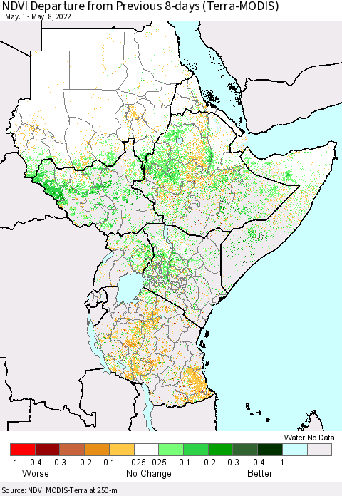 Eastern Africa NDVI Departure from Previous 8-days (Terra-MODIS) Thematic Map For 5/1/2022 - 5/8/2022