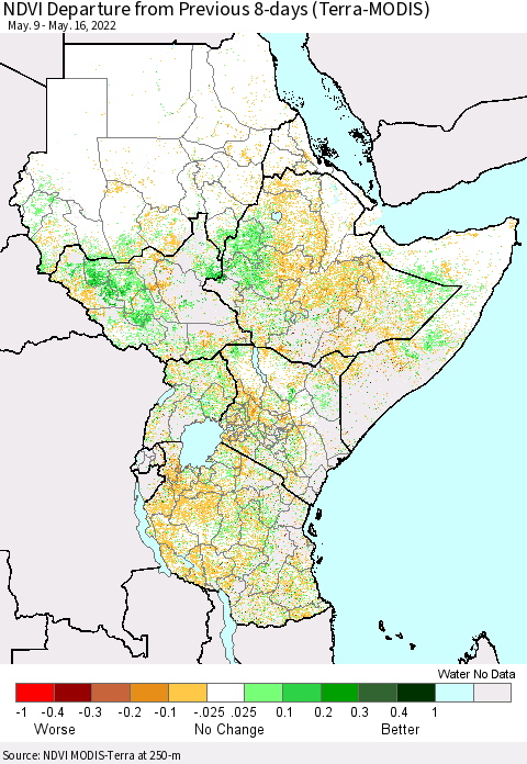 Eastern Africa NDVI Departure from Previous 8-days (Terra-MODIS) Thematic Map For 5/9/2022 - 5/16/2022