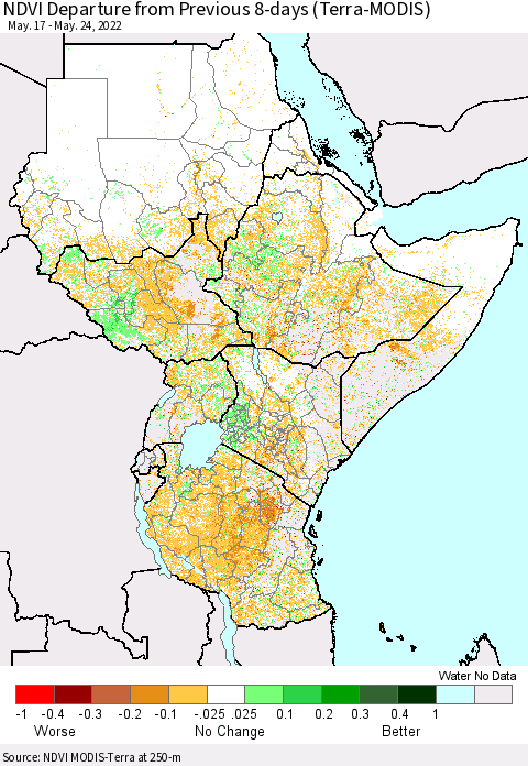Eastern Africa NDVI Departure from Previous 8-days (Terra-MODIS) Thematic Map For 5/17/2022 - 5/24/2022