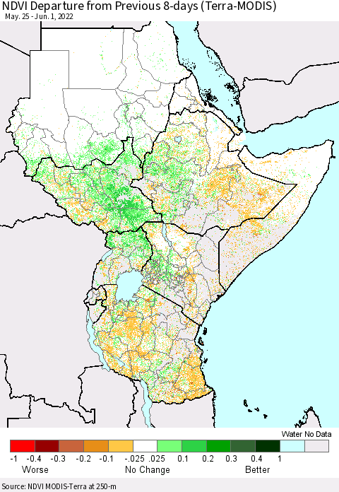 Eastern Africa NDVI Departure from Previous 8-days (Terra-MODIS) Thematic Map For 5/25/2022 - 6/1/2022