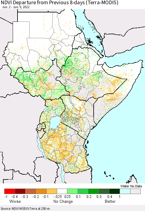 Eastern Africa NDVI Departure from Previous 8-days (Terra-MODIS) Thematic Map For 6/2/2022 - 6/9/2022