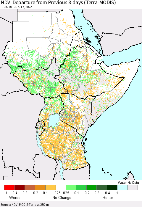 Eastern Africa NDVI Departure from Previous 8-days (Terra-MODIS) Thematic Map For 6/10/2022 - 6/17/2022