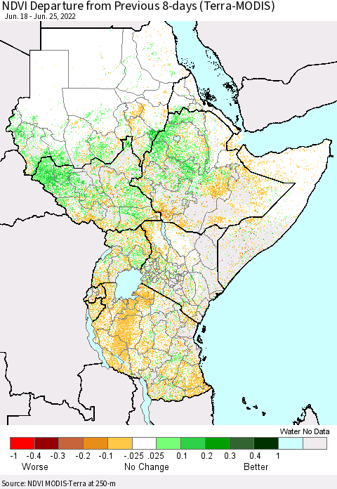 Eastern Africa NDVI Departure from Previous 8-days (Terra-MODIS) Thematic Map For 6/18/2022 - 6/25/2022