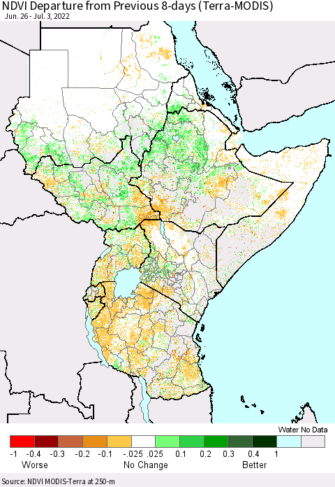 Eastern Africa NDVI Departure from Previous 8-days (Terra-MODIS) Thematic Map For 6/26/2022 - 7/3/2022