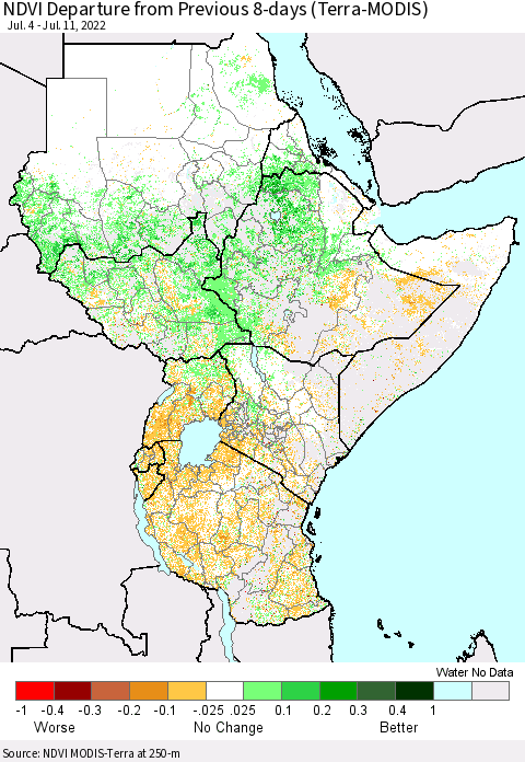 Eastern Africa NDVI Departure from Previous 8-days (Terra-MODIS) Thematic Map For 7/4/2022 - 7/11/2022