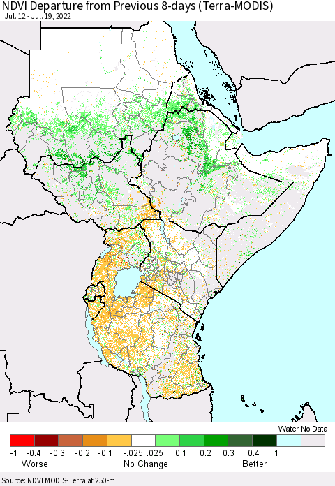 Eastern Africa NDVI Departure from Previous 8-days (Terra-MODIS) Thematic Map For 7/12/2022 - 7/19/2022