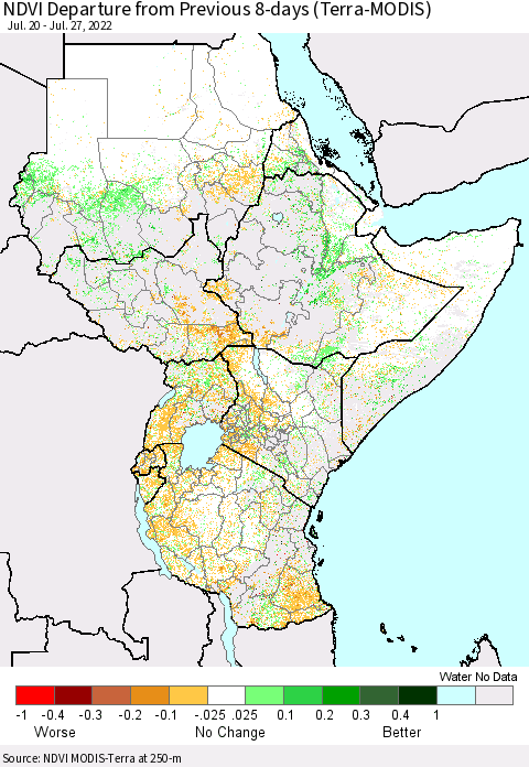 Eastern Africa NDVI Departure from Previous 8-days (Terra-MODIS) Thematic Map For 7/20/2022 - 7/27/2022