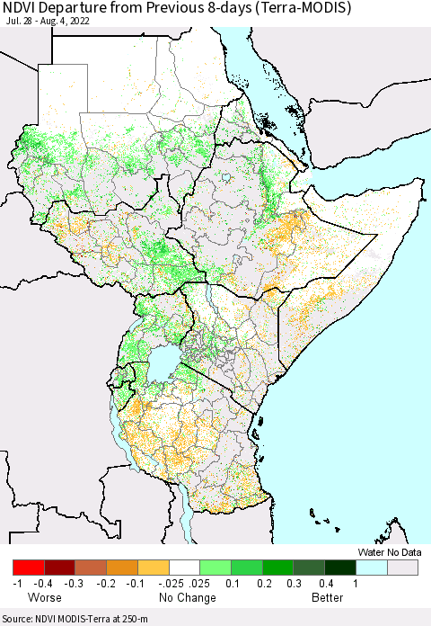 Eastern Africa NDVI Departure from Previous 8-days (Terra-MODIS) Thematic Map For 7/28/2022 - 8/4/2022