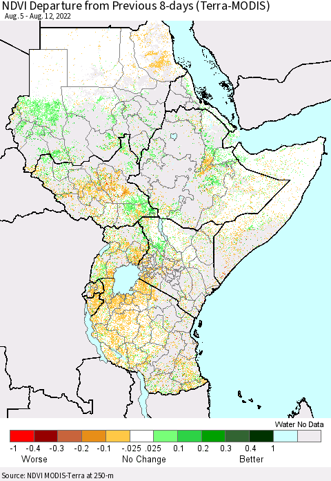 Eastern Africa NDVI Departure from Previous 8-days (Terra-MODIS) Thematic Map For 8/5/2022 - 8/12/2022