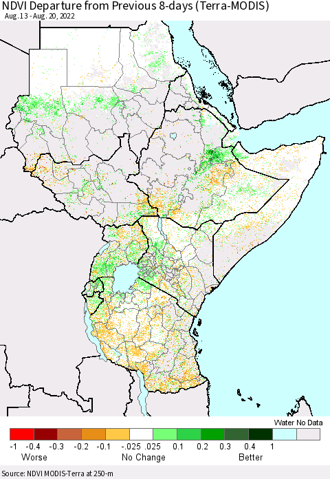 Eastern Africa NDVI Departure from Previous 8-days (Terra-MODIS) Thematic Map For 8/13/2022 - 8/20/2022