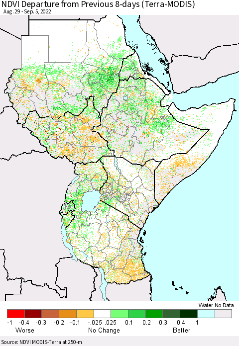 Eastern Africa NDVI Departure from Previous 8-days (Terra-MODIS) Thematic Map For 8/29/2022 - 9/5/2022