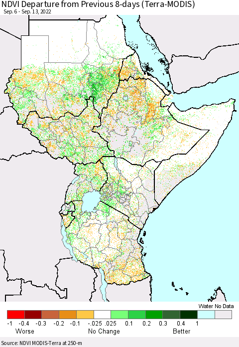 Eastern Africa NDVI Departure from Previous 8-days (Terra-MODIS) Thematic Map For 9/6/2022 - 9/13/2022