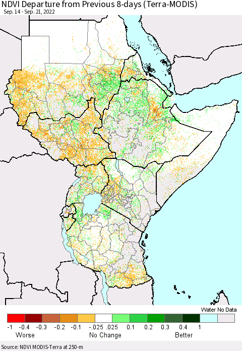 Eastern Africa NDVI Departure from Previous 8-days (Terra-MODIS) Thematic Map For 9/14/2022 - 9/21/2022