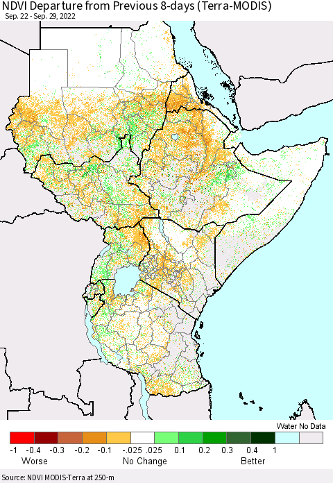 Eastern Africa NDVI Departure from Previous 8-days (Terra-MODIS) Thematic Map For 9/22/2022 - 9/29/2022