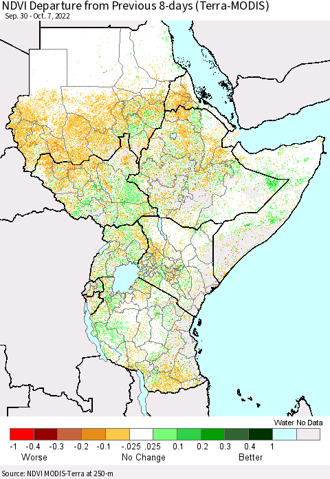 Eastern Africa NDVI Departure from Previous 8-days (Terra-MODIS) Thematic Map For 9/30/2022 - 10/7/2022