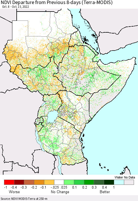 Eastern Africa NDVI Departure from Previous 8-days (Terra-MODIS) Thematic Map For 10/8/2022 - 10/15/2022