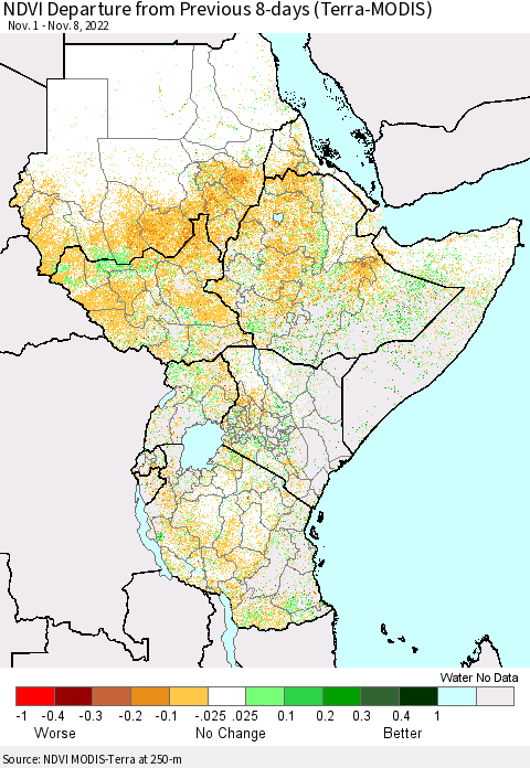 Eastern Africa NDVI Departure from Previous 8-days (Terra-MODIS) Thematic Map For 11/1/2022 - 11/8/2022