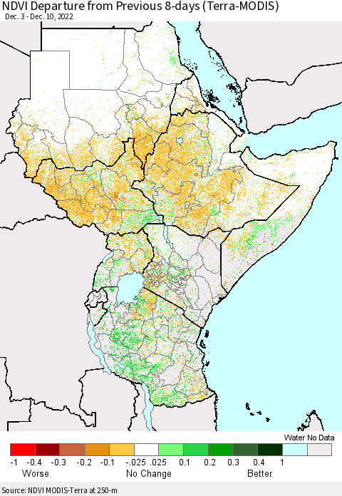 Eastern Africa NDVI Departure from Previous 8-days (Terra-MODIS) Thematic Map For 12/3/2022 - 12/10/2022