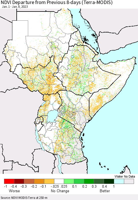 Eastern Africa NDVI Departure from Previous 8-days (Terra-MODIS) Thematic Map For 1/1/2023 - 1/8/2023