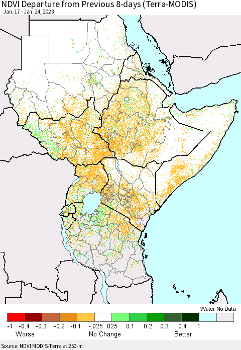 Eastern Africa NDVI Departure from Previous 8-days (Terra-MODIS) Thematic Map For 1/17/2023 - 1/24/2023