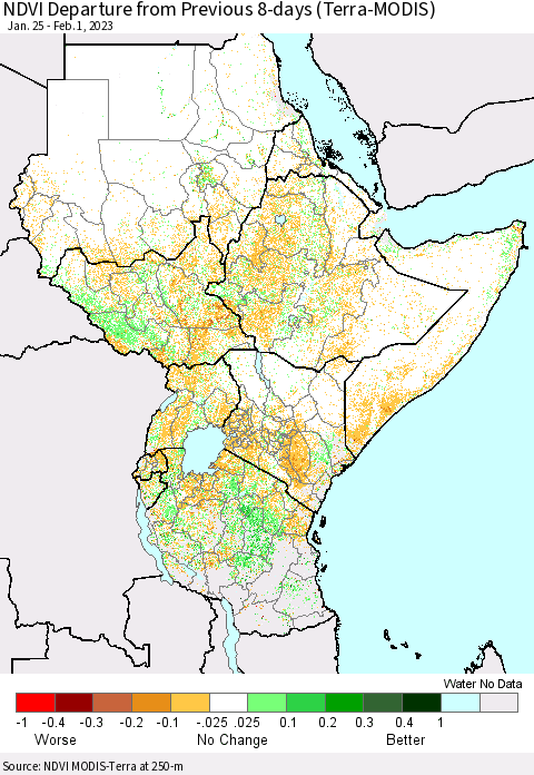 Eastern Africa NDVI Departure from Previous 8-days (Terra-MODIS) Thematic Map For 1/25/2023 - 2/1/2023