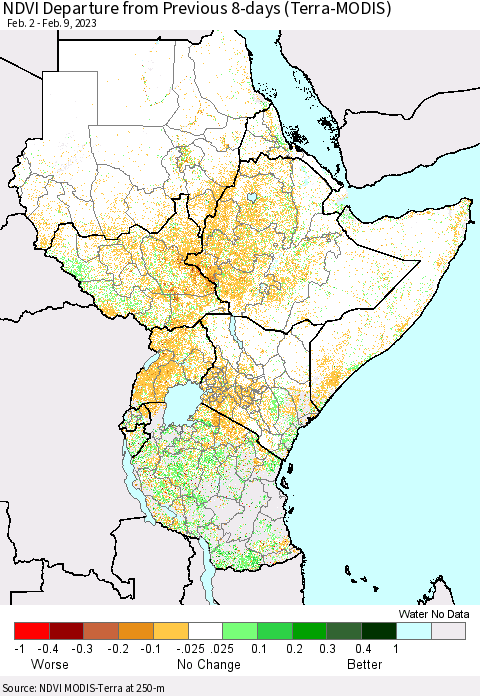 Eastern Africa NDVI Departure from Previous 8-days (Terra-MODIS) Thematic Map For 2/2/2023 - 2/9/2023