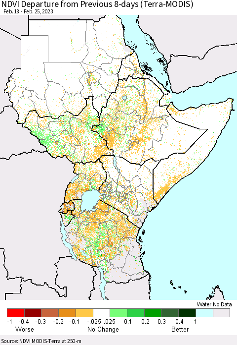 Eastern Africa NDVI Departure from Previous 8-days (Terra-MODIS) Thematic Map For 2/18/2023 - 2/25/2023