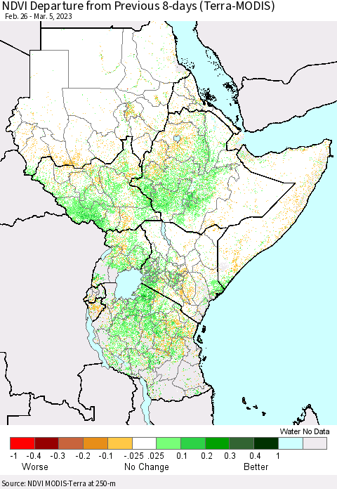Eastern Africa NDVI Departure from Previous 8-days (Terra-MODIS) Thematic Map For 2/26/2023 - 3/5/2023