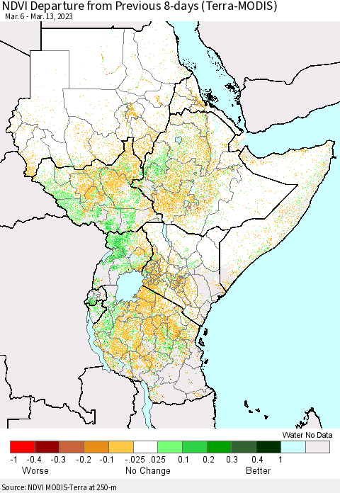 Eastern Africa NDVI Departure from Previous 8-days (Terra-MODIS) Thematic Map For 3/6/2023 - 3/13/2023