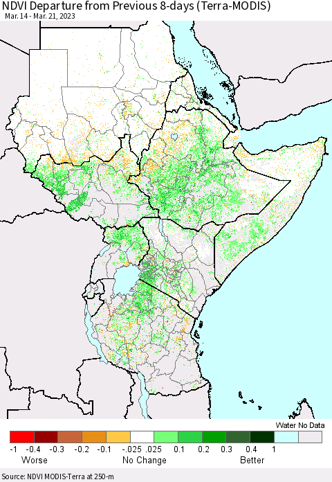Eastern Africa NDVI Departure from Previous 8-days (Terra-MODIS) Thematic Map For 3/14/2023 - 3/21/2023