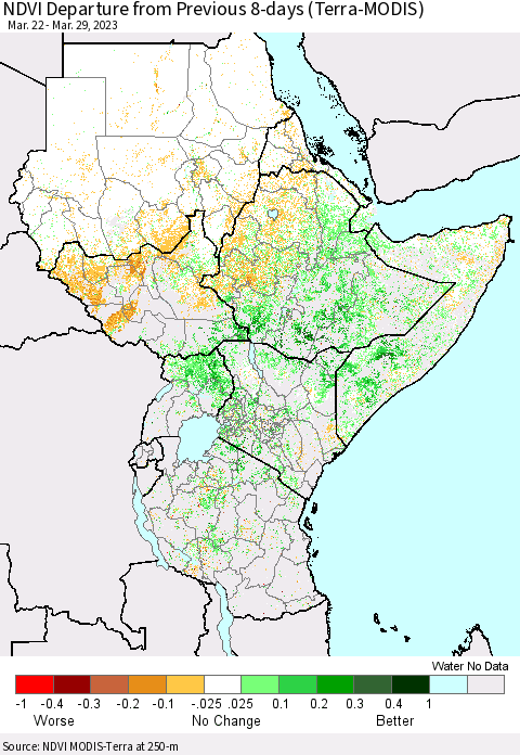 Eastern Africa NDVI Departure from Previous 8-days (Terra-MODIS) Thematic Map For 3/22/2023 - 3/29/2023