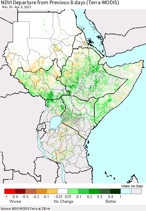 Eastern Africa NDVI Departure from Previous 8-days (Terra-MODIS) Thematic Map For 3/30/2023 - 4/6/2023