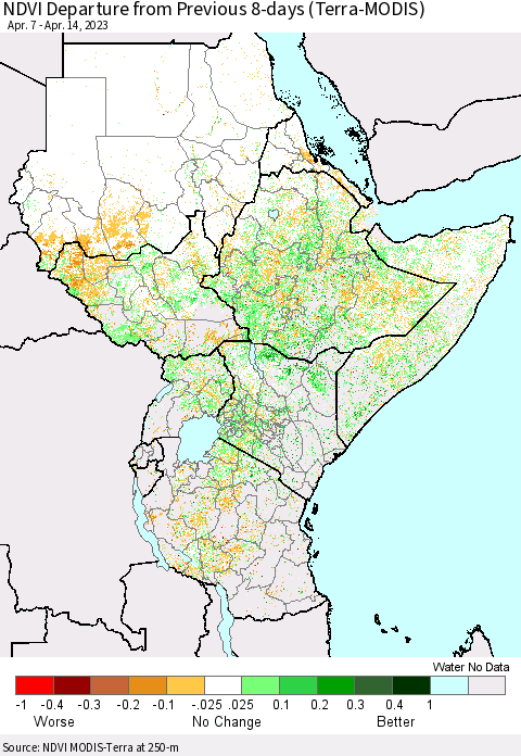 Eastern Africa NDVI Departure from Previous 8-days (Terra-MODIS) Thematic Map For 4/7/2023 - 4/14/2023