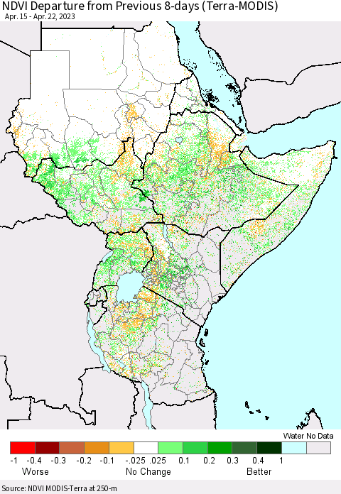 Eastern Africa NDVI Departure from Previous 8-days (Terra-MODIS) Thematic Map For 4/15/2023 - 4/22/2023