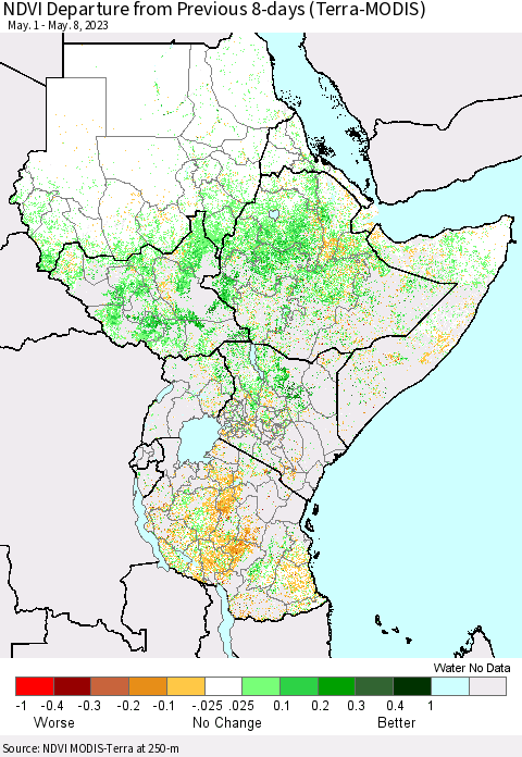 Eastern Africa NDVI Departure from Previous 8-days (Terra-MODIS) Thematic Map For 5/1/2023 - 5/8/2023