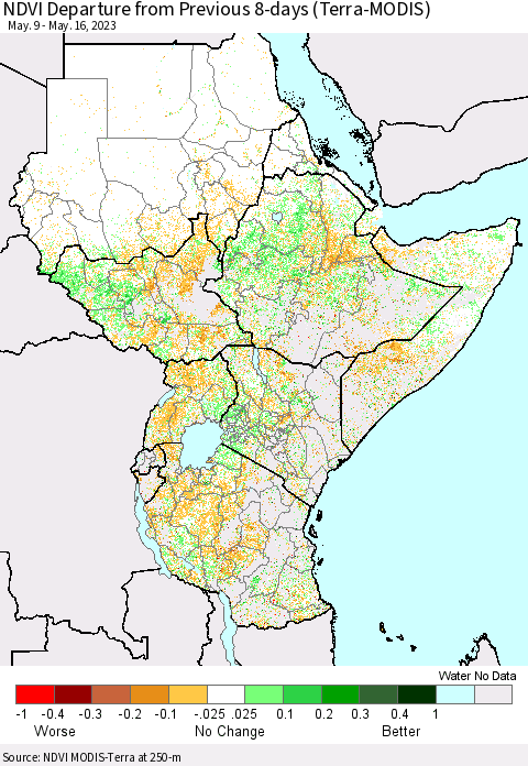 Eastern Africa NDVI Departure from Previous 8-days (Terra-MODIS) Thematic Map For 5/9/2023 - 5/16/2023