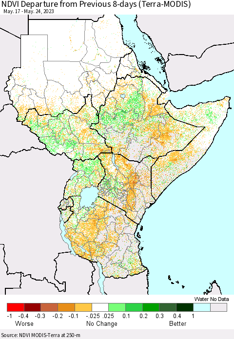 Eastern Africa NDVI Departure from Previous 8-days (Terra-MODIS) Thematic Map For 5/17/2023 - 5/24/2023
