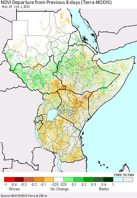 Eastern Africa NDVI Departure from Previous 8-days (Terra-MODIS) Thematic Map For 5/25/2023 - 6/1/2023