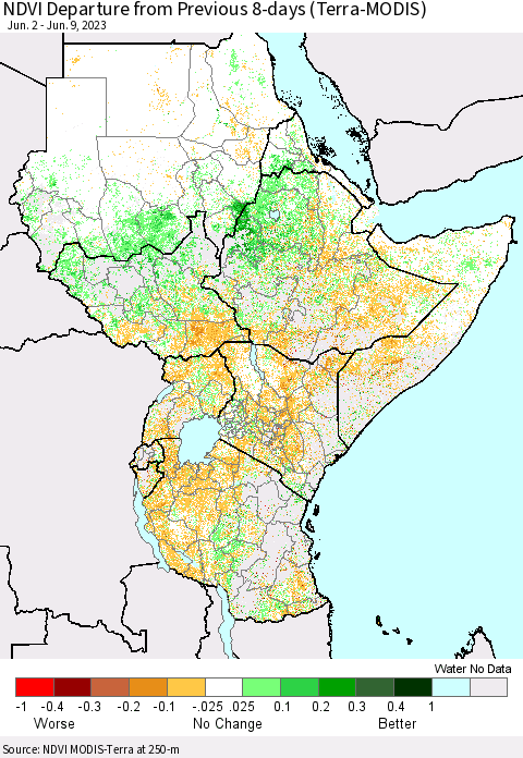 Eastern Africa NDVI Departure from Previous 8-days (Terra-MODIS) Thematic Map For 6/2/2023 - 6/9/2023