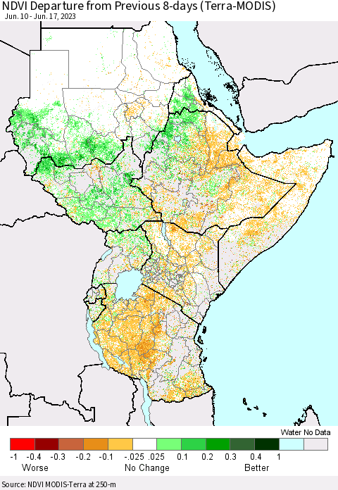 Eastern Africa NDVI Departure from Previous 8-days (Terra-MODIS) Thematic Map For 6/10/2023 - 6/17/2023