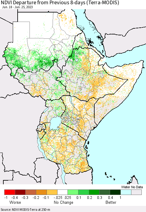 Eastern Africa NDVI Departure from Previous 8-days (Terra-MODIS) Thematic Map For 6/18/2023 - 6/25/2023