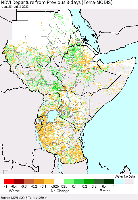 Eastern Africa NDVI Departure from Previous 8-days (Terra-MODIS) Thematic Map For 6/26/2023 - 7/3/2023