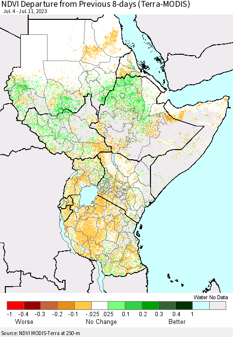 Eastern Africa NDVI Departure from Previous 8-days (Terra-MODIS) Thematic Map For 7/4/2023 - 7/11/2023