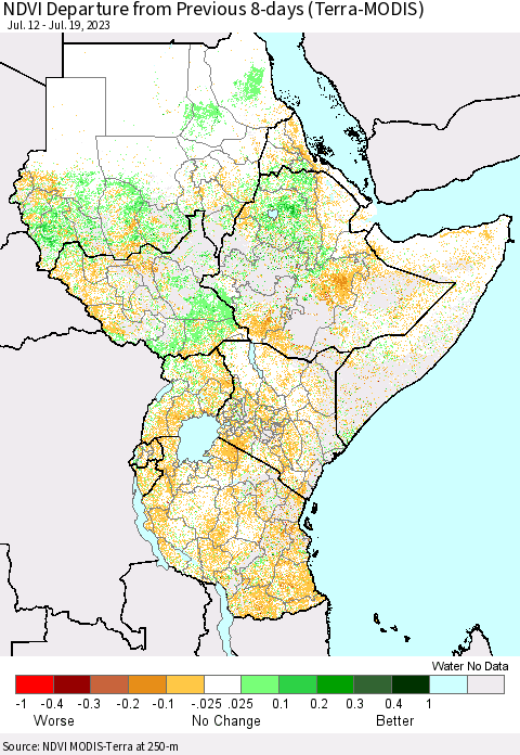 Eastern Africa NDVI Departure from Previous 8-days (Terra-MODIS) Thematic Map For 7/12/2023 - 7/19/2023