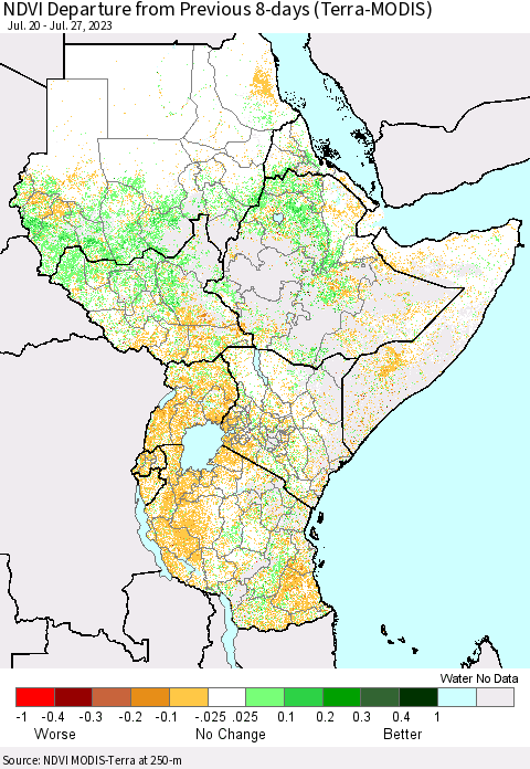 Eastern Africa NDVI Departure from Previous 8-days (Terra-MODIS) Thematic Map For 7/20/2023 - 7/27/2023