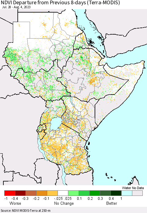 Eastern Africa NDVI Departure from Previous 8-days (Terra-MODIS) Thematic Map For 7/28/2023 - 8/4/2023