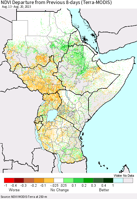 Eastern Africa NDVI Departure from Previous 8-days (Terra-MODIS) Thematic Map For 8/13/2023 - 8/20/2023